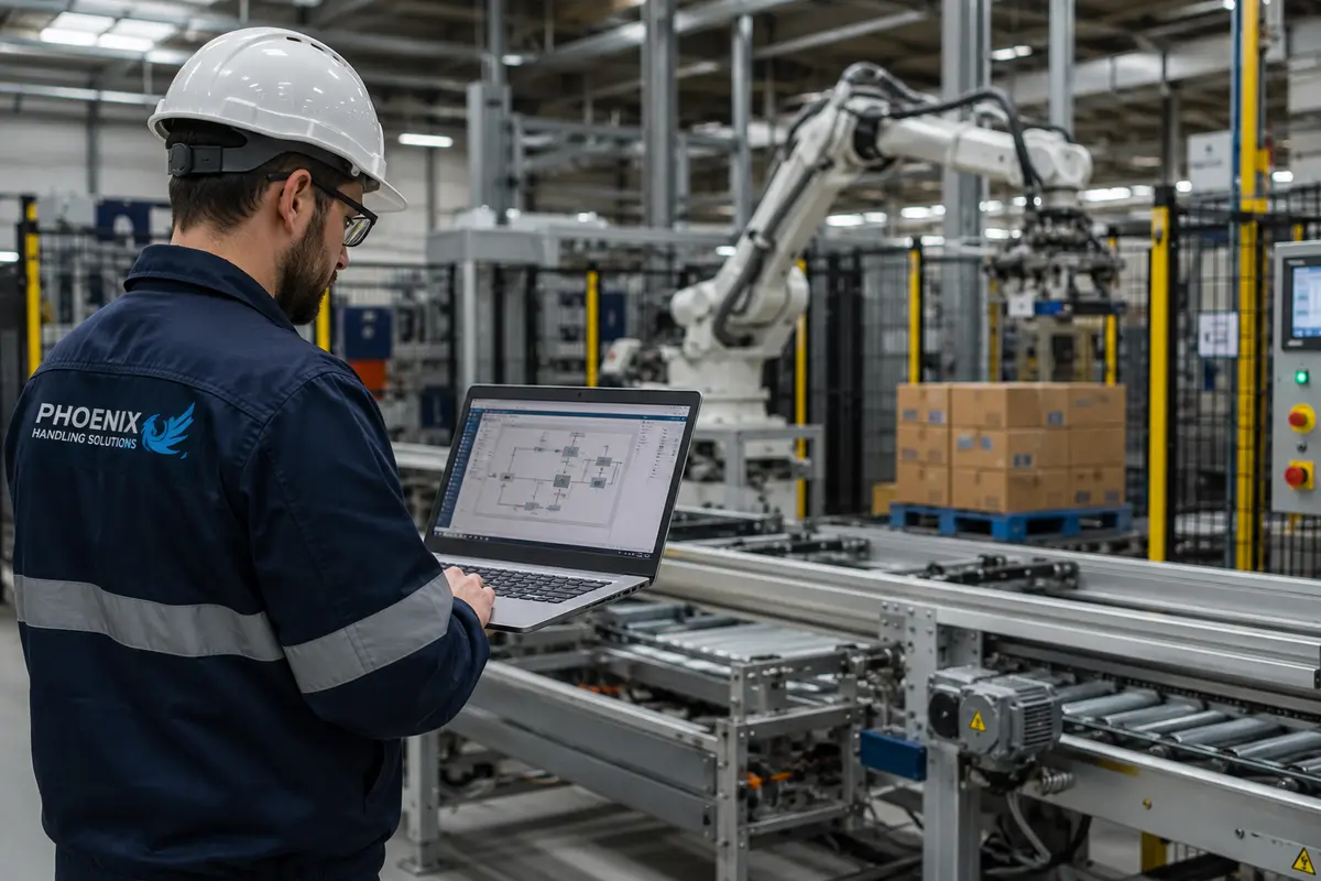 Automation Engineering & Technical Support Engineer inspecting an automated palletising and conveyor system within a manufacturing facility