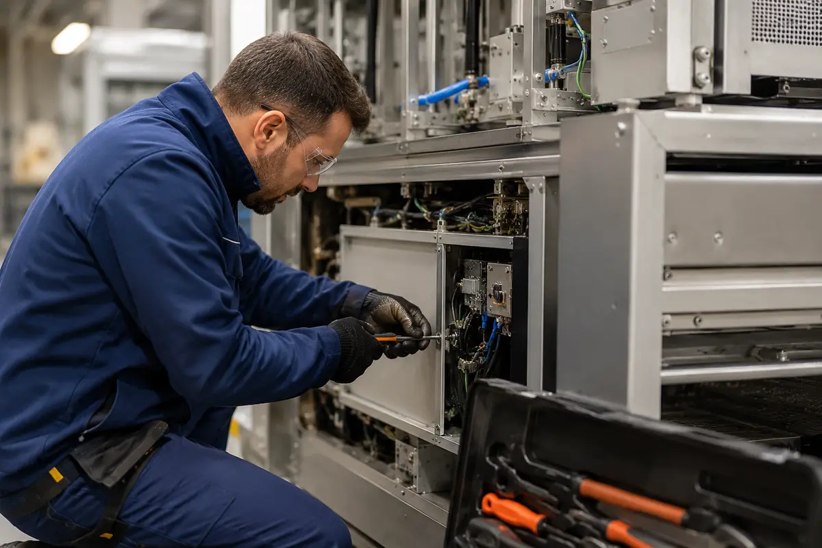 Service, Maintenance & Spare Parts Support Service engineer carrying out maintenance work on industrial packaging machinery