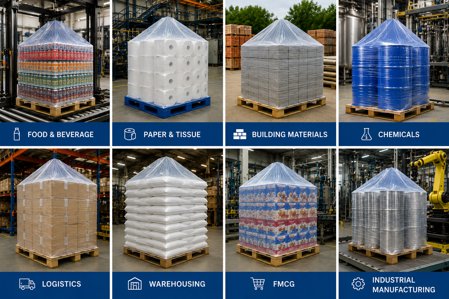 Typical Applications for Stretch Hooding Systems Stretch hooding applications across food and beverage, paper and tissue, building materials, chemicals, logistics, warehousing, FMCG and industrial manufacturing