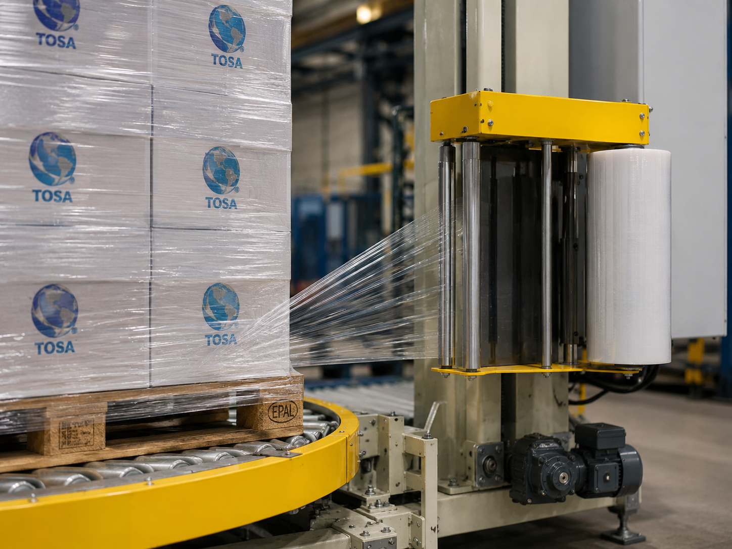 TOSA 090 Film Saving Technology Powered pre-stretch film carriage on the TOSA 090 automatic turntable stretch wrapping machine
