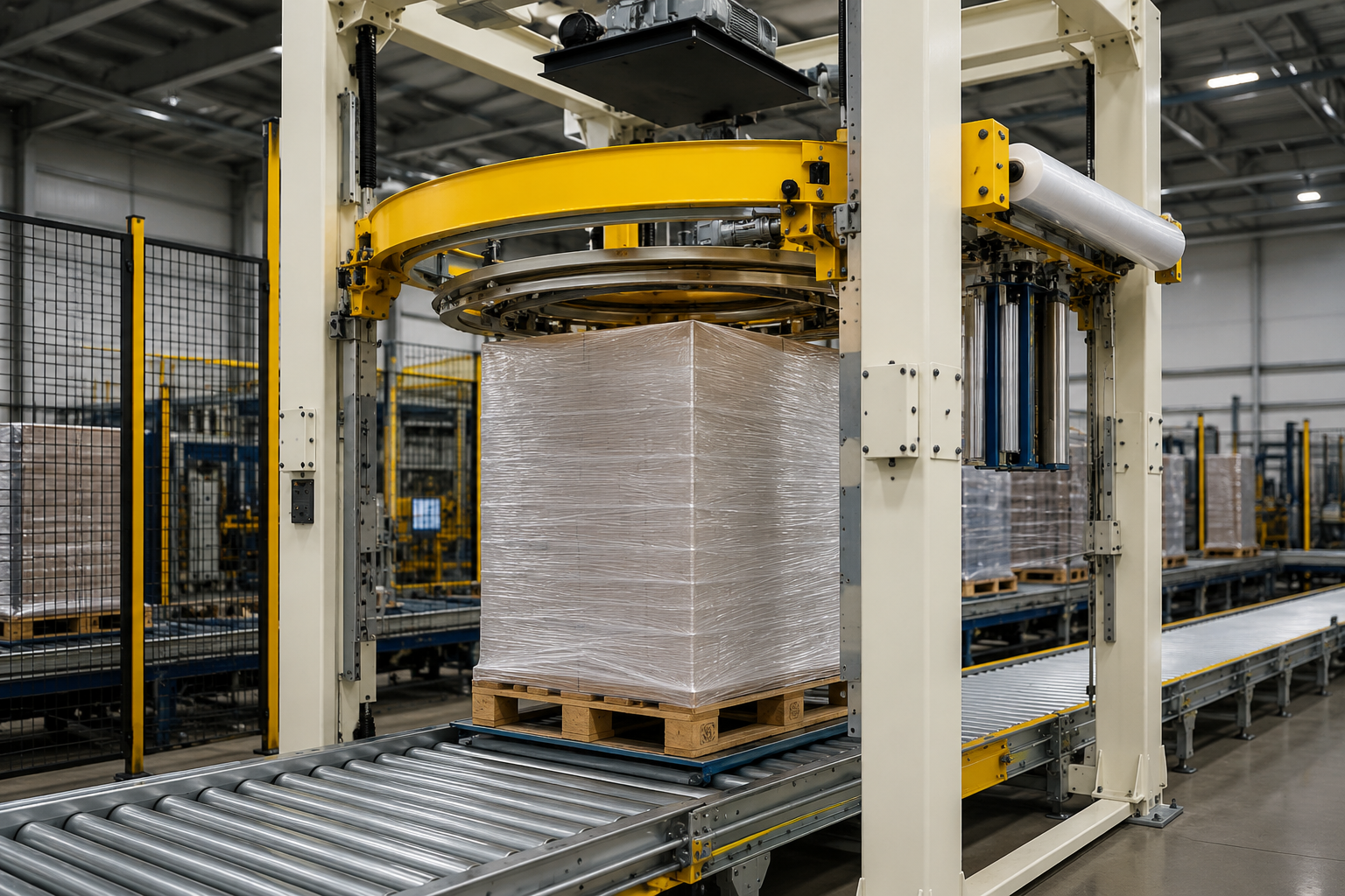 TOSA Juracan Intelligent Film Management TOSA Juracan rotating ring stretch wrapper using powered pre-stretch technology for efficient film management
