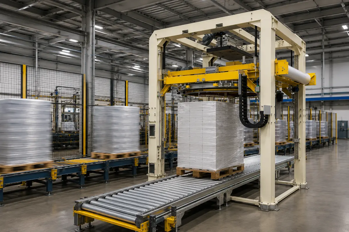 TOSA Juracan Production Performance TOSA Juracan rotating ring stretch wrapper operating on an automated pallet wrapping production line