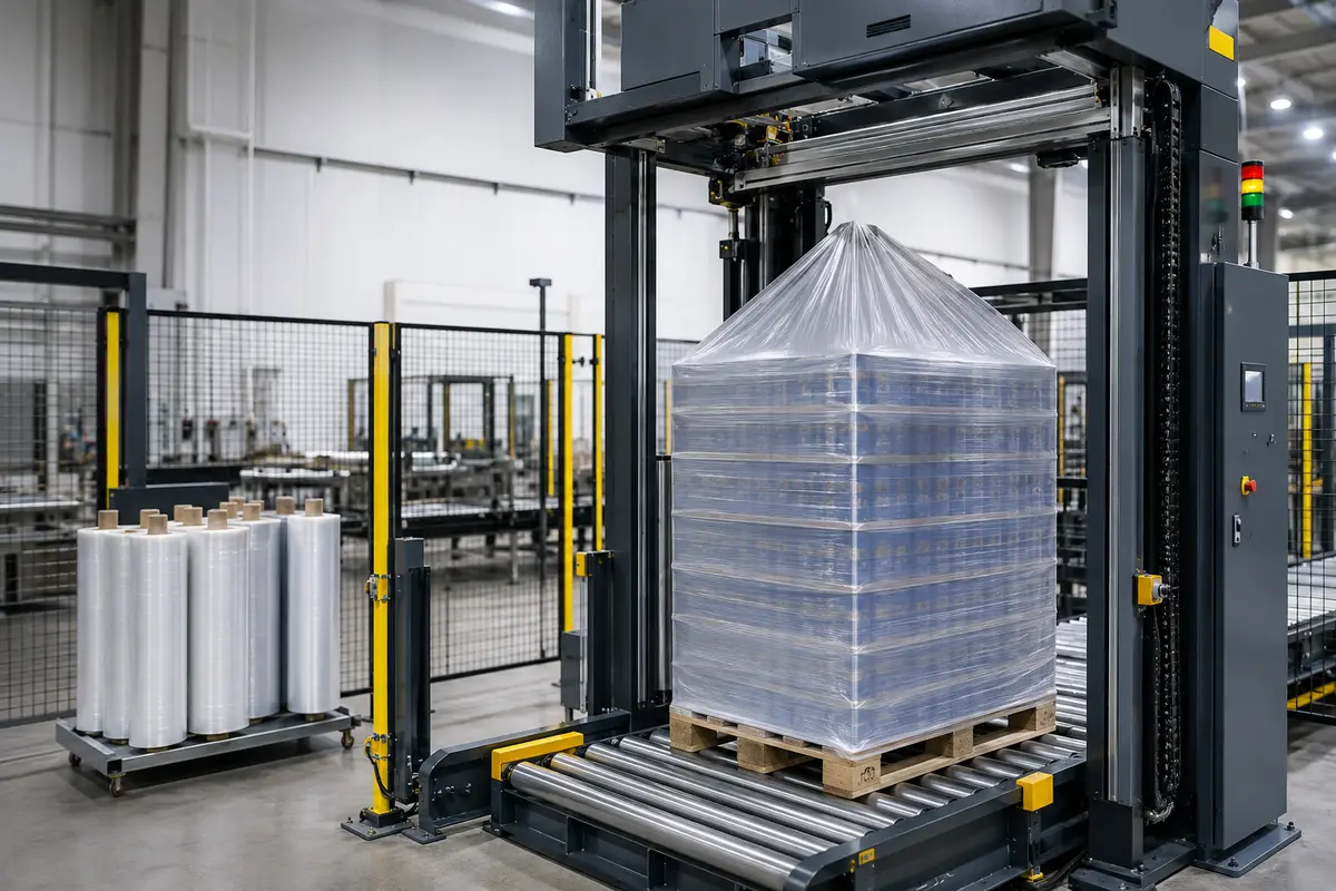Why Choose Stretch Hooding Systems Automatic stretch hooding system applying weatherproof stretch hood film to a palletised load in a manufacturing facility