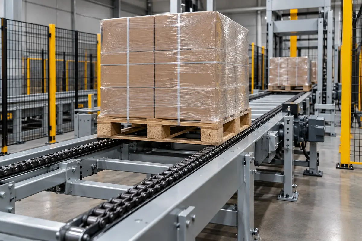 Chain Pallet Conveyor System Chain pallet conveyor transporting a loaded pallet