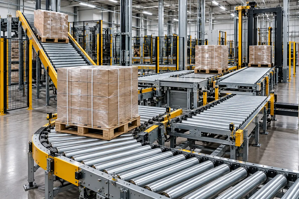 Custom Pallet Conveyor System Pallet conveyor system configured with multiple conveyor sections and transfers