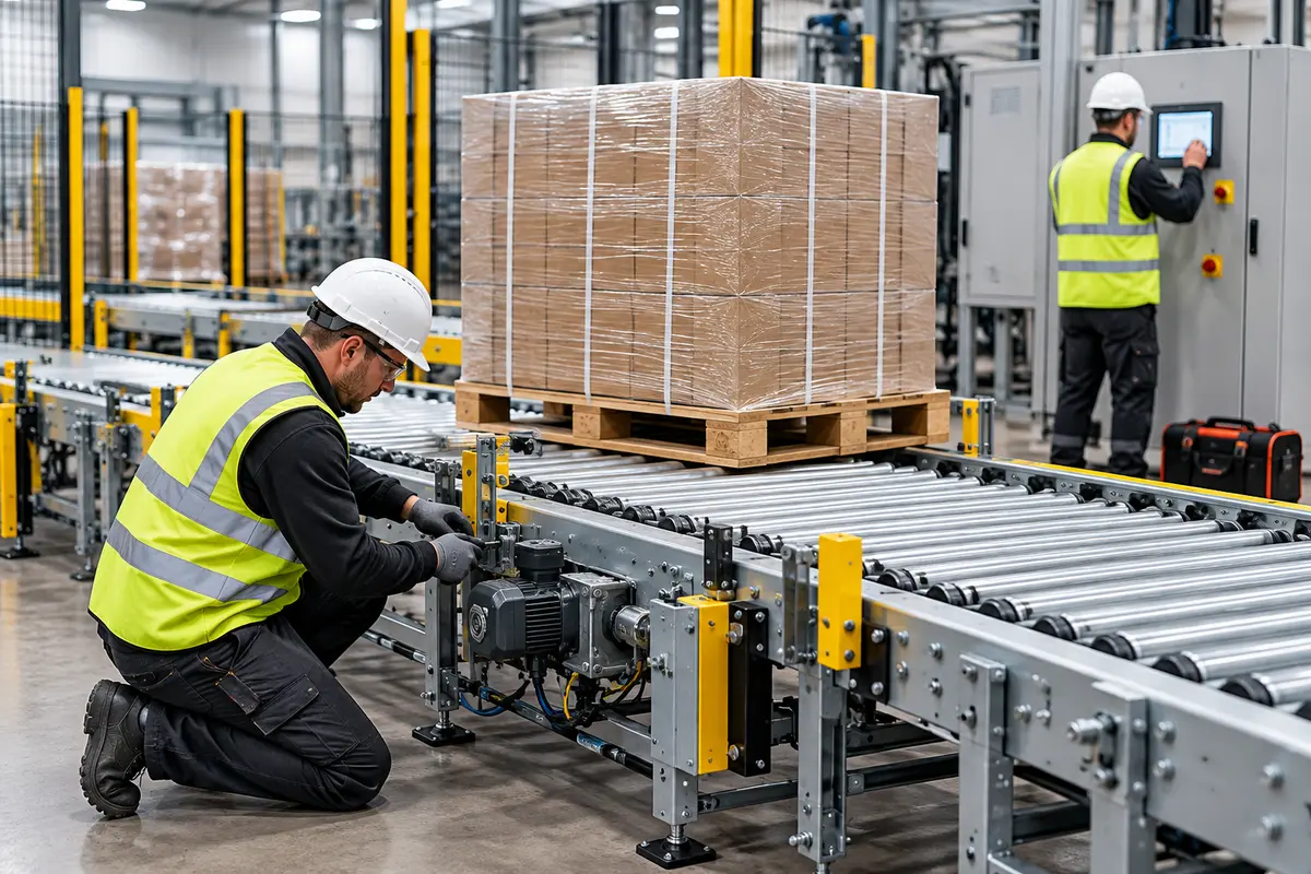 Pallet Conveyor Installation & Commissioning Engineers installing and commissioning a pallet conveyor system