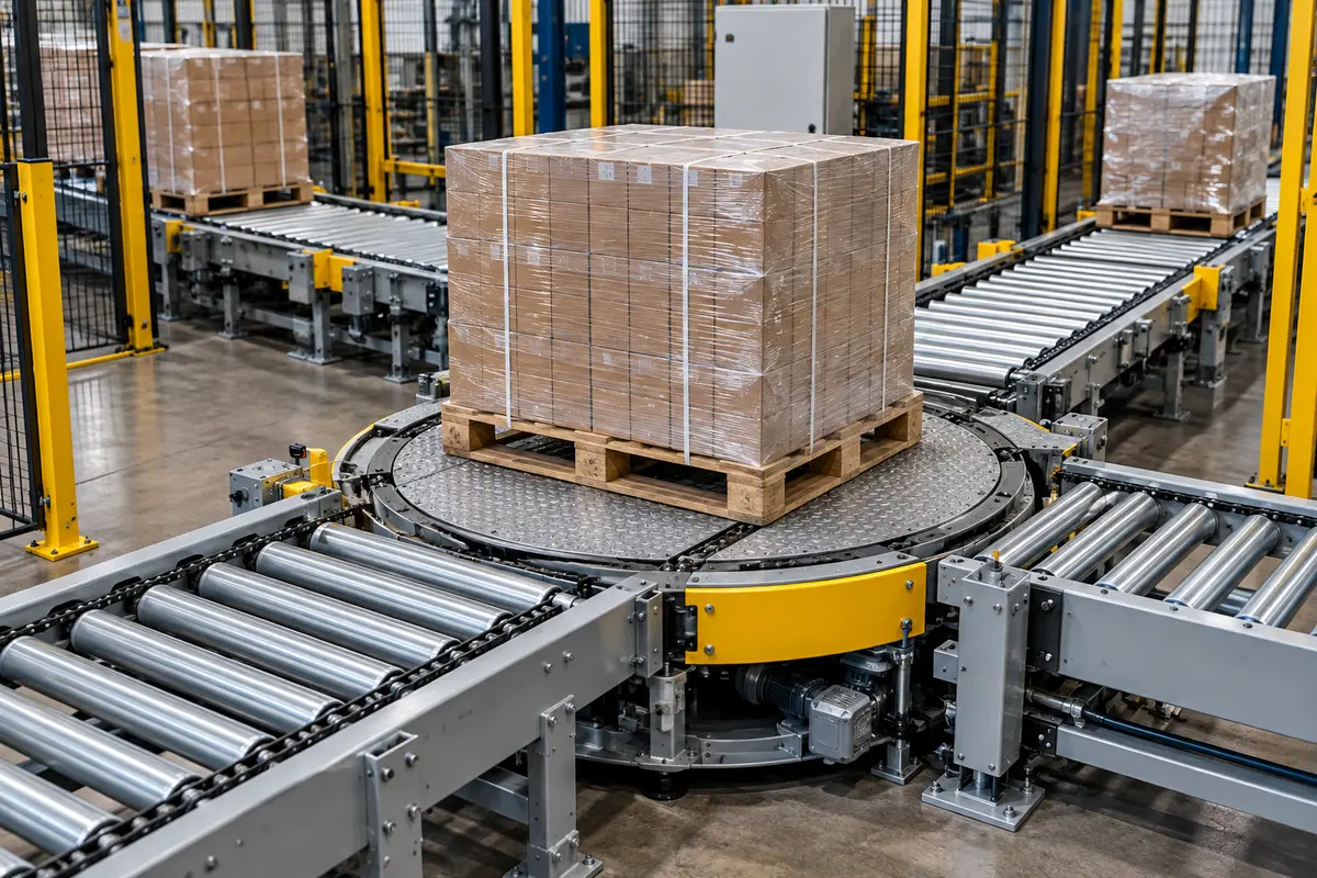 Pallet Conveyor Turntable & Transfer System Pallet conveyor turntable transferring a loaded pallet between conveyor lines