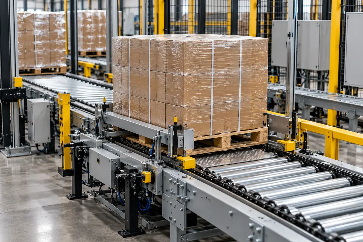 Pallet Positioning & Accumulation Conveyor System Pallet positioning and accumulation system on an automated conveyor line
