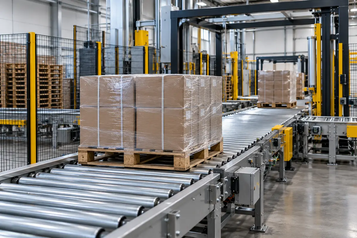 Roller Pallet Conveyor System Roller pallet conveyor system transporting a loaded pallet